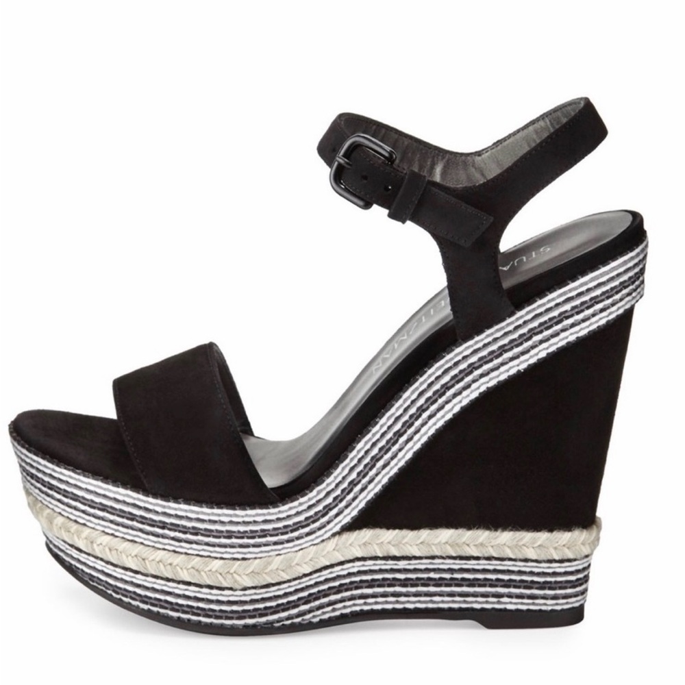 Stuart Weitzman "Single" Embellished Trim Suede Wedge Sandals, size 7